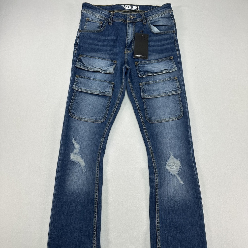Genuine Jeans Mens 32x38 Blue Straight Cargo Pockets Distressed Denim GN3208